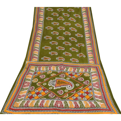 Sanskriti Vintage Sarees Indian Green Pure Cotton Printed Sari 5+yd Craft Sustainable Fabric