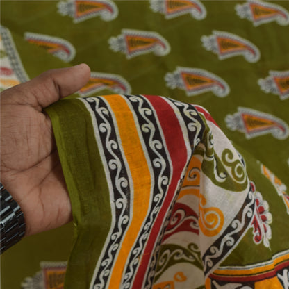 Sanskriti Vintage Sarees Indian Green Pure Cotton Printed Sari 5+yd Craft Sustainable Fabric