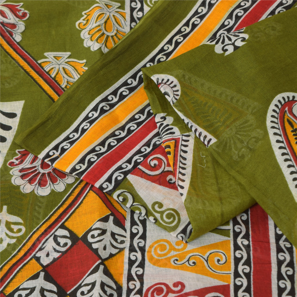 Sanskriti Vintage Sarees Indian Green Pure Cotton Printed Sari 5+yd Craft Sustainable Fabric