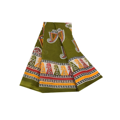 Sanskriti Vintage Sarees Indian Green Pure Cotton Printed Sari 5+yd Craft Sustainable Fabric