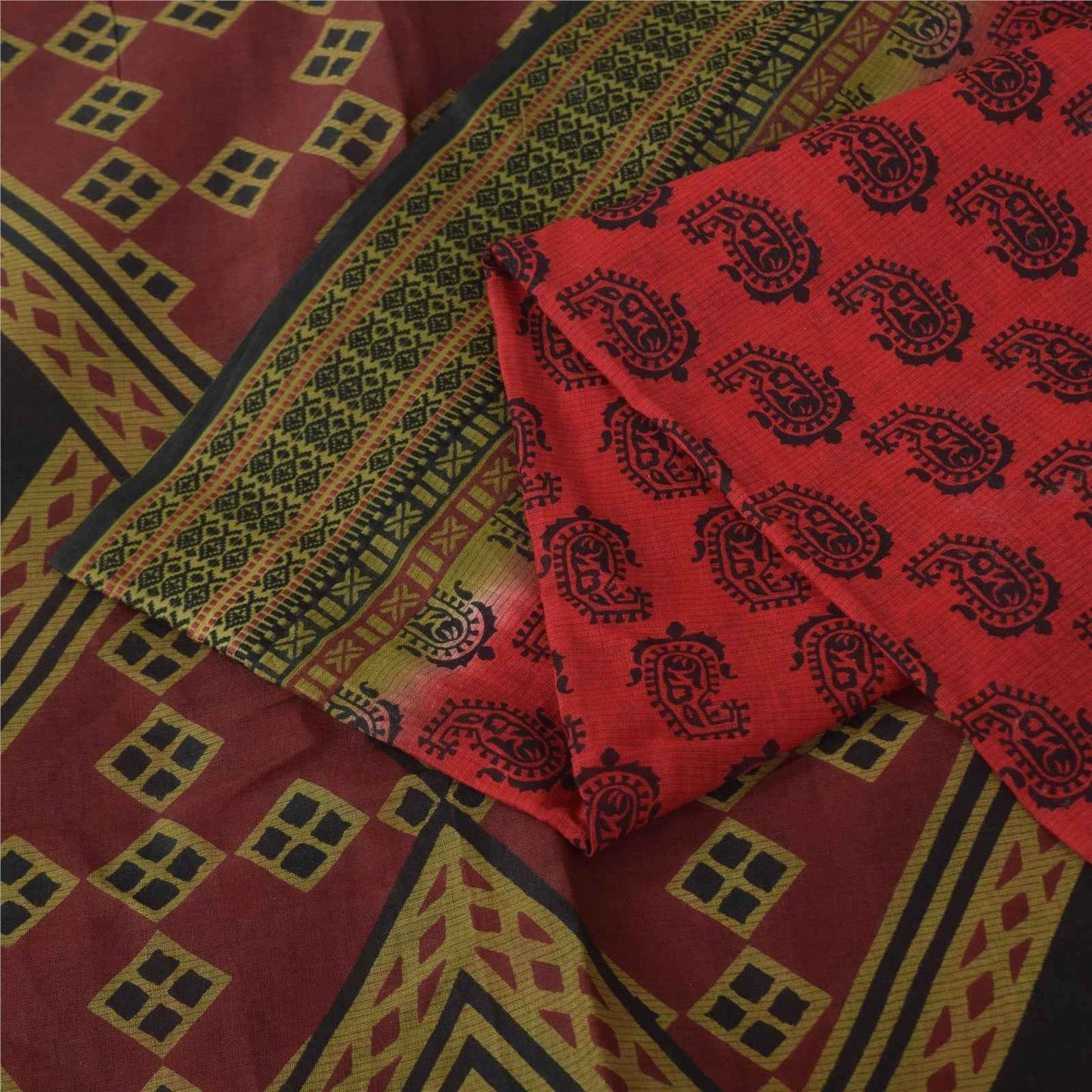 Sanskriti Vintage Sarees Indian Red Pure Cotton Printed Sari 5+yd Craft Fabric