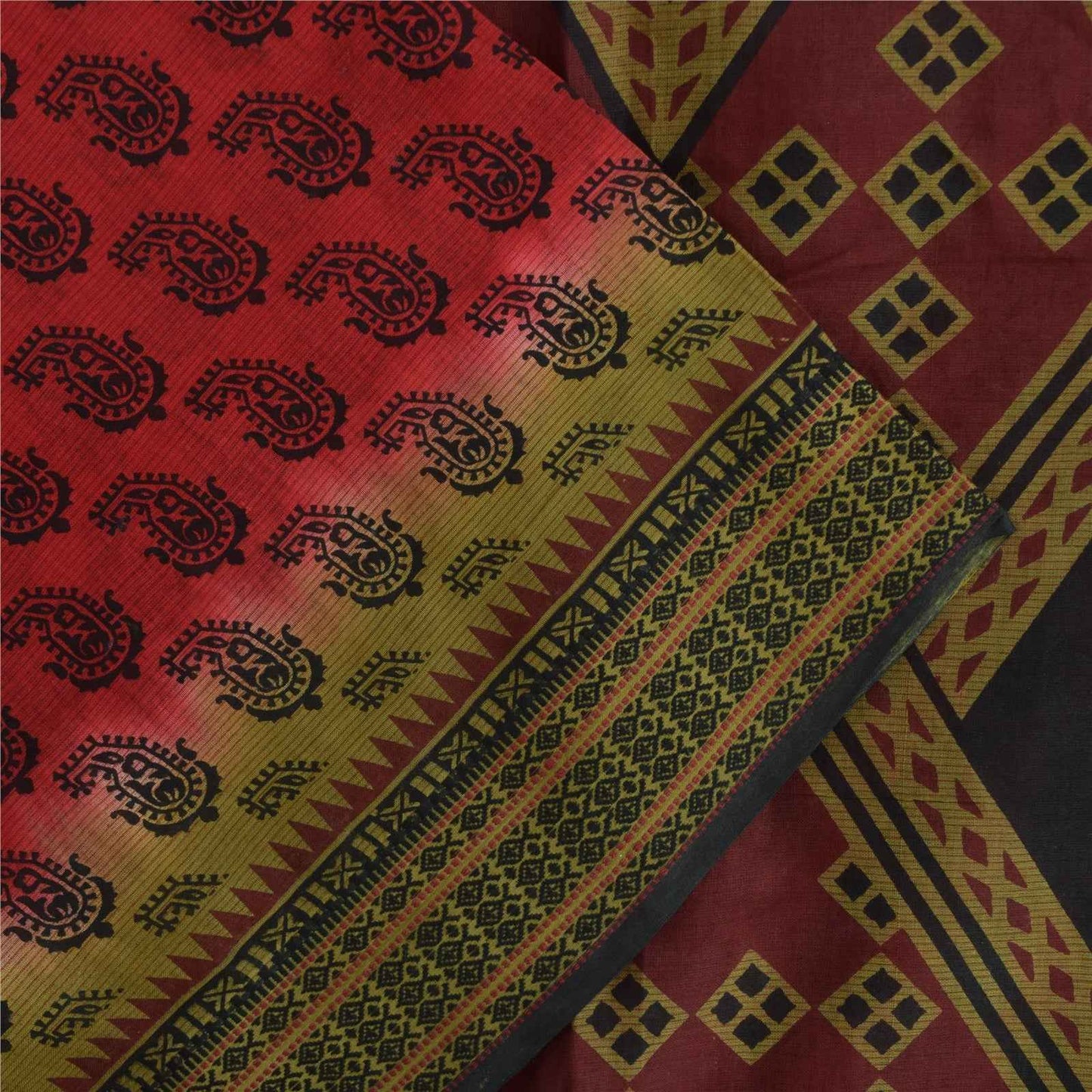 Sanskriti Vintage Sarees Indian Red Pure Cotton Printed Sari 5+yd Craft Fabric
