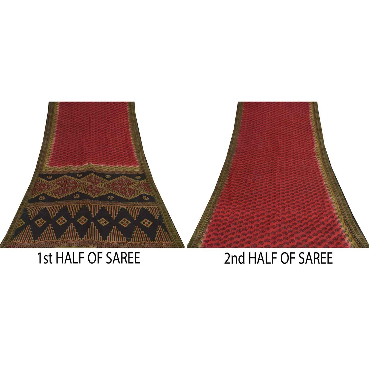 Sanskriti Vintage Sarees Indian Red Pure Cotton Printed Sari 5+yd Craft Fabric