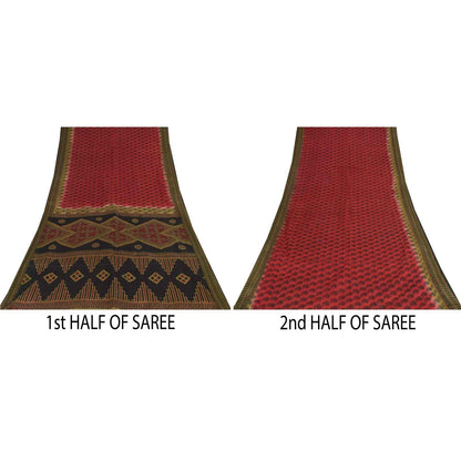 Sanskriti Vintage Sarees Indian Red Pure Cotton Printed Sari 5+yd Craft Fabric