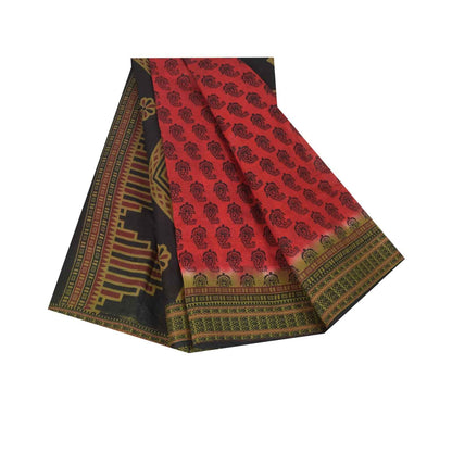Sanskriti Vintage Sarees Indian Red Pure Cotton Printed Sari 5+yd Craft Fabric