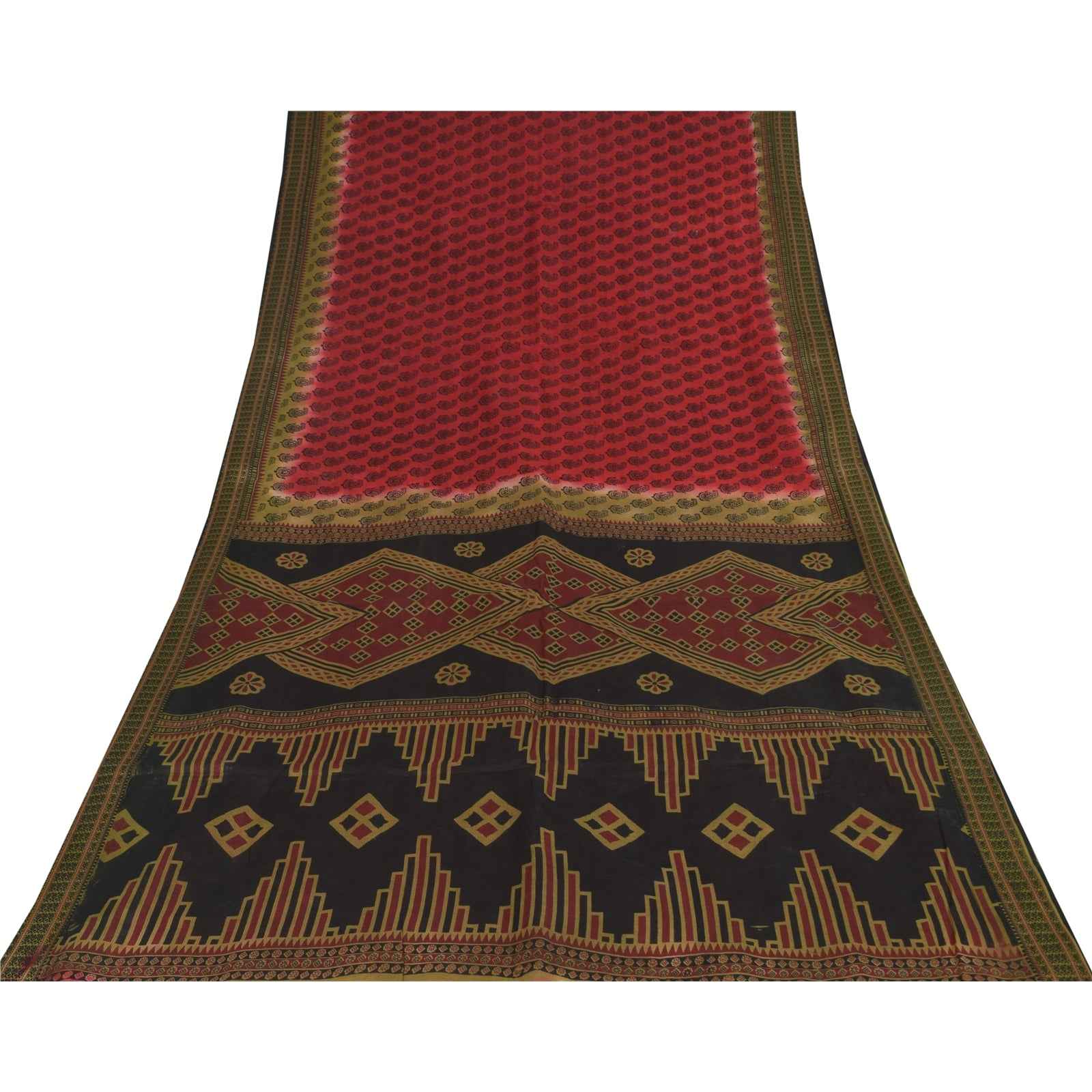 Sanskriti Vintage Sarees Indian Red Pure Cotton Printed Sari 5+yd Craft Fabric