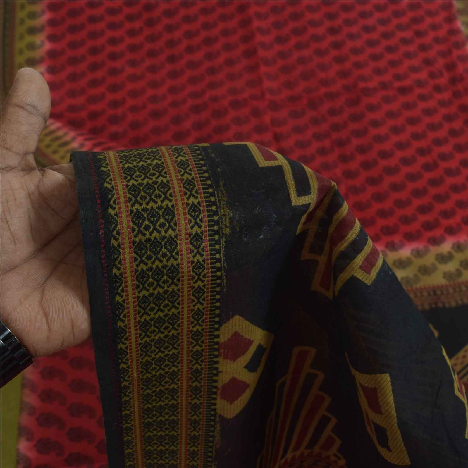 Sanskriti Vintage Sarees Indian Red Pure Cotton Printed Sari 5+yd Craft Fabric