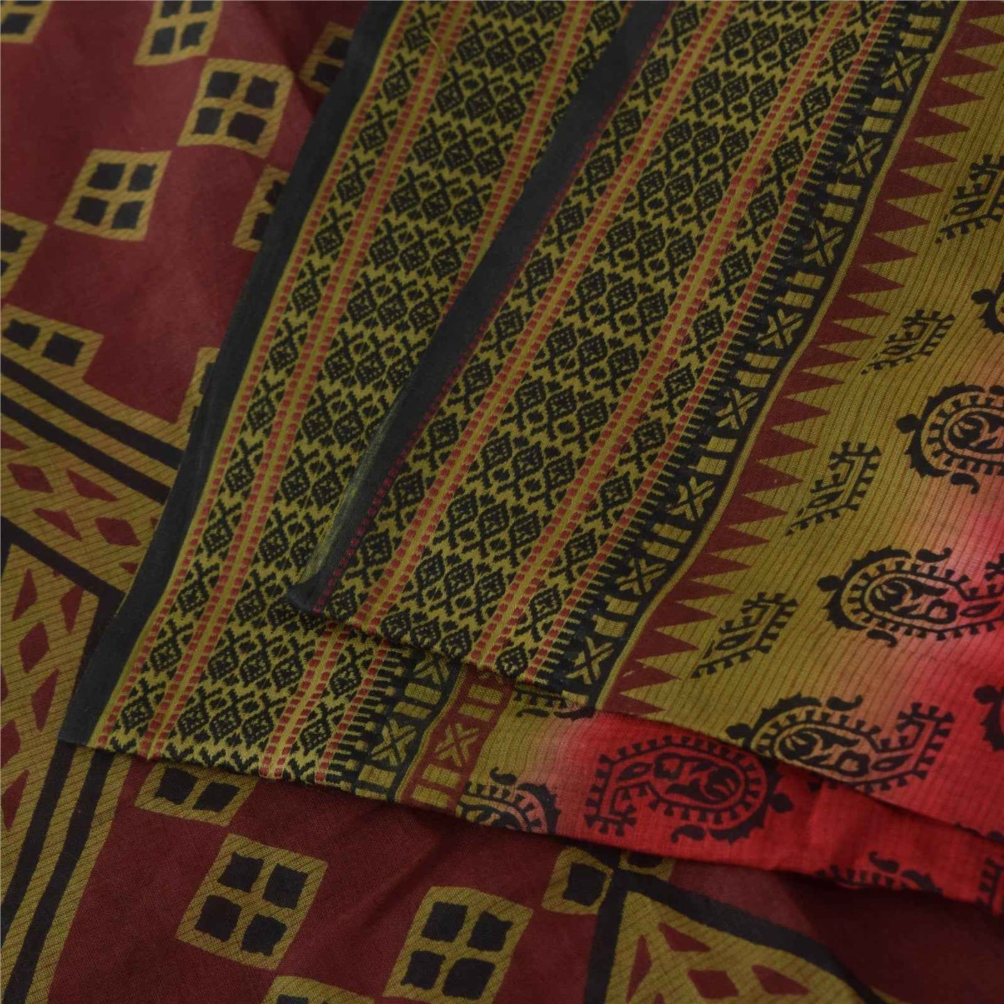 Sanskriti Vintage Sarees Indian Red Pure Cotton Printed Sari 5+yd Craft Fabric