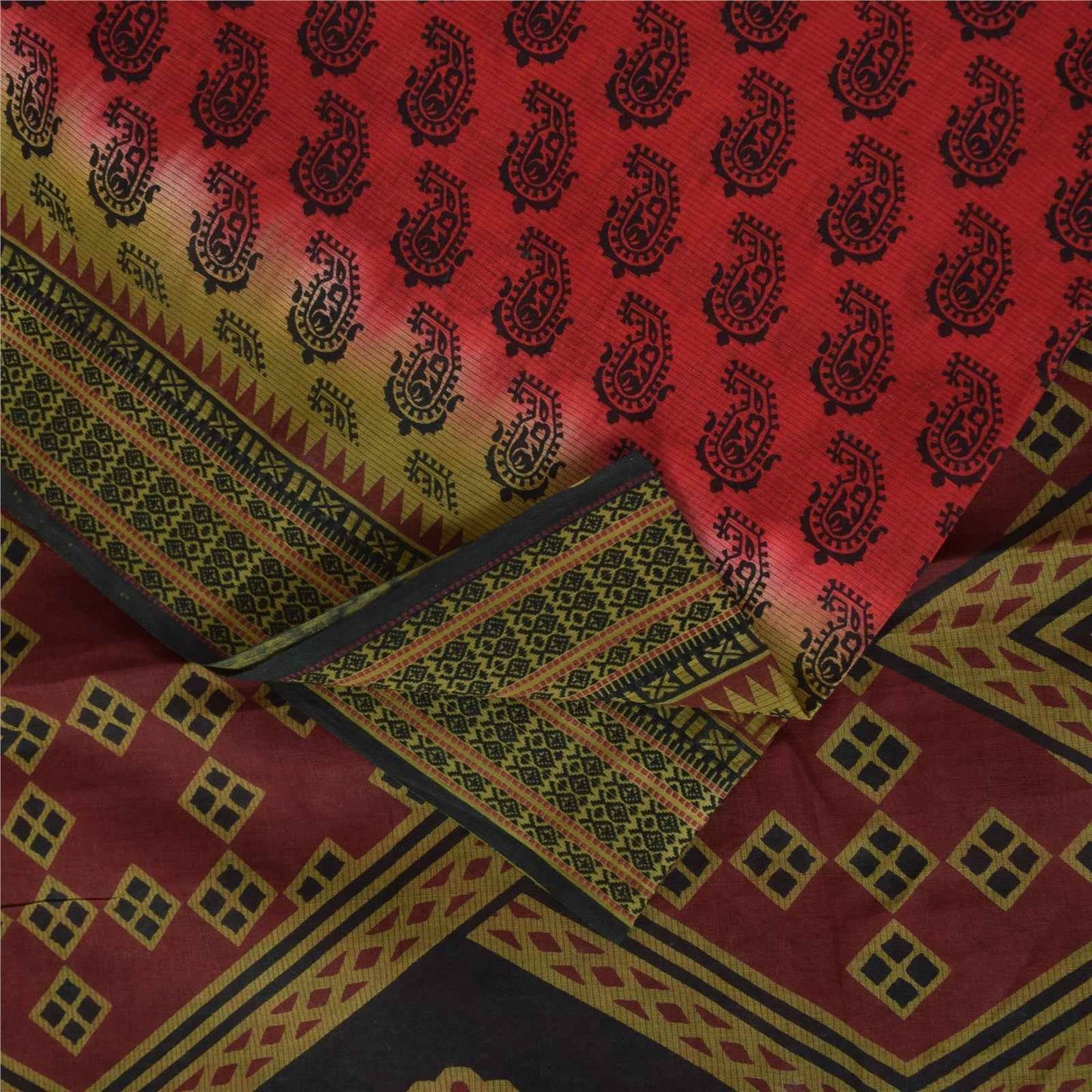 Sanskriti Vintage Sarees Indian Red Pure Cotton Printed Sari 5+yd Craft Fabric