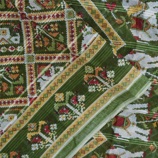 Sanskriti Vintage Sarees Green & Red Pure Cotton Animal Printed Sari 5+yd Fabric