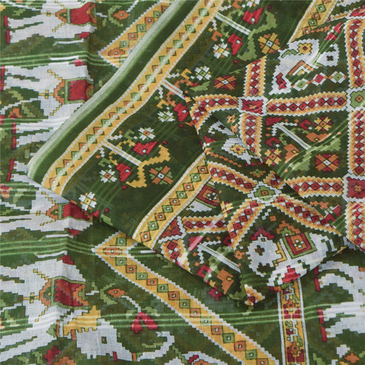 Sanskriti Vintage Sarees Green & Red Pure Cotton Animal Printed Sari 5+yd Fabric