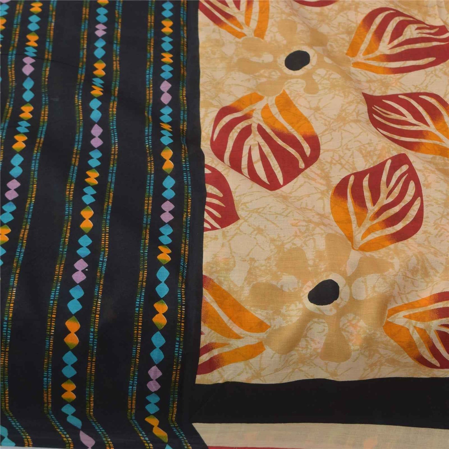 Sanskriti Vintage Sarees Indian Cream Pure Cotton Printed Sari 5+yd Craft Fabric