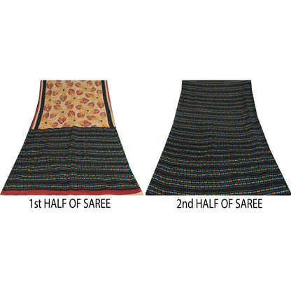 Sanskriti Vintage Sarees Indian Cream Pure Cotton Printed Sari 5+yd Craft Fabric