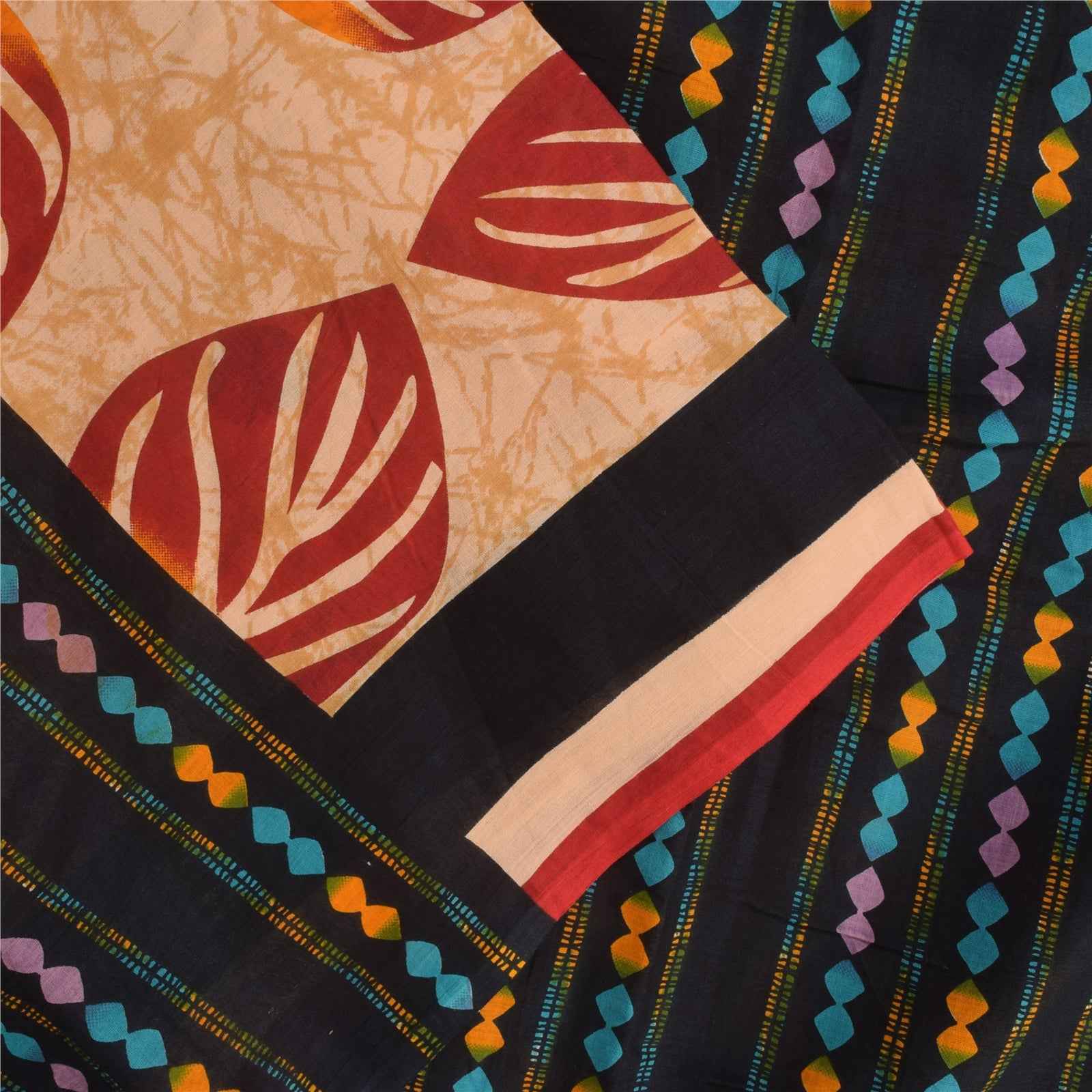 Sanskriti Vintage Sarees Indian Cream Pure Cotton Printed Sari 5+yd Craft Fabric