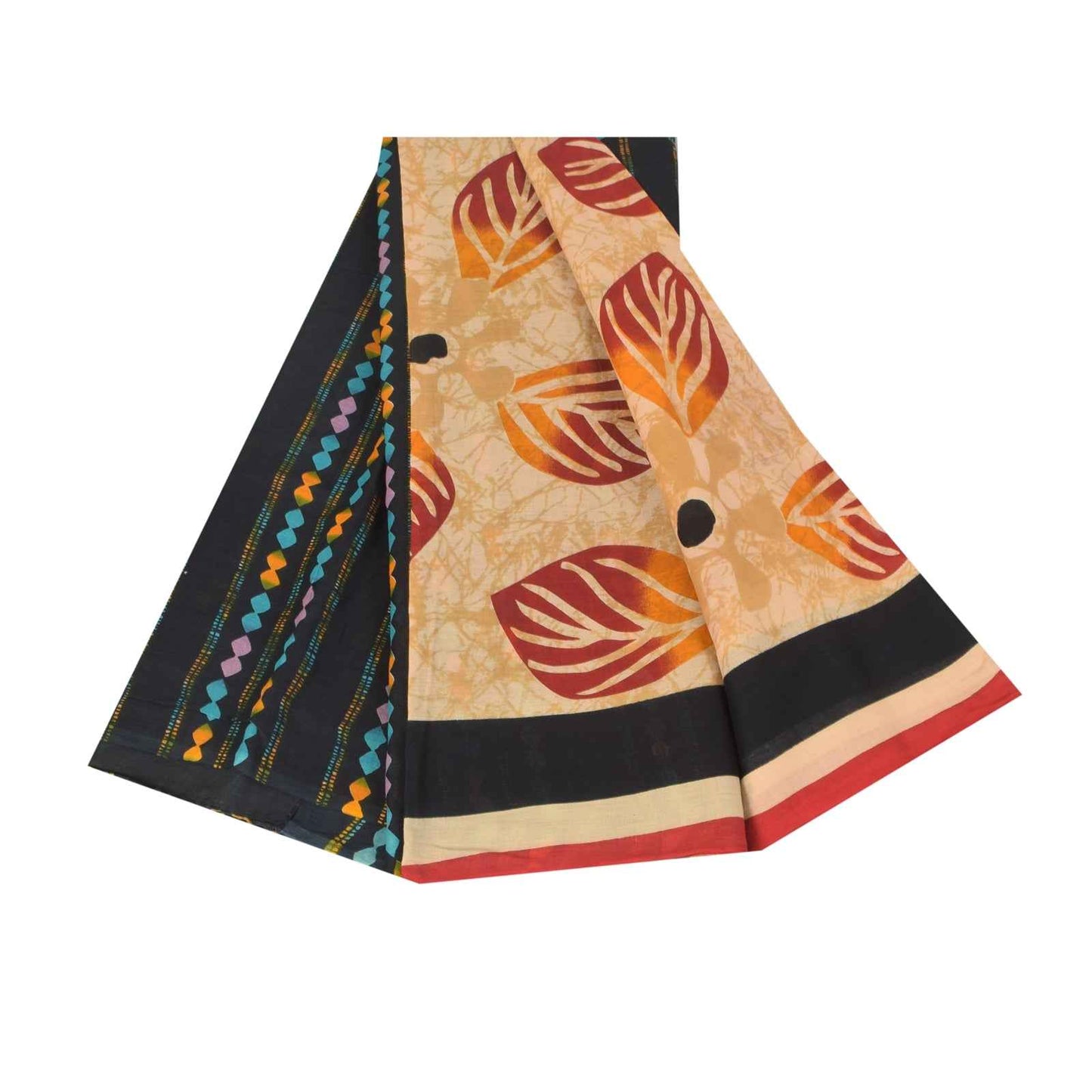 Sanskriti Vintage Sarees Indian Cream Pure Cotton Printed Sari 5+yd Craft Fabric