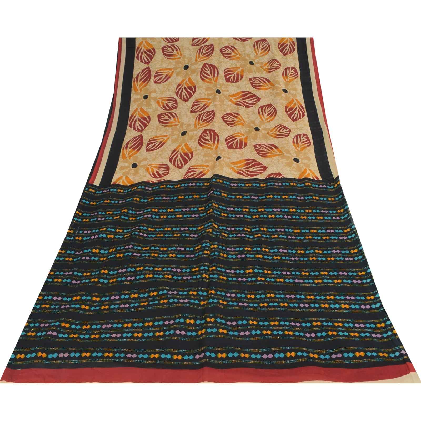 Sanskriti Vintage Sarees Indian Cream Pure Cotton Printed Sari 5+yd Craft Fabric