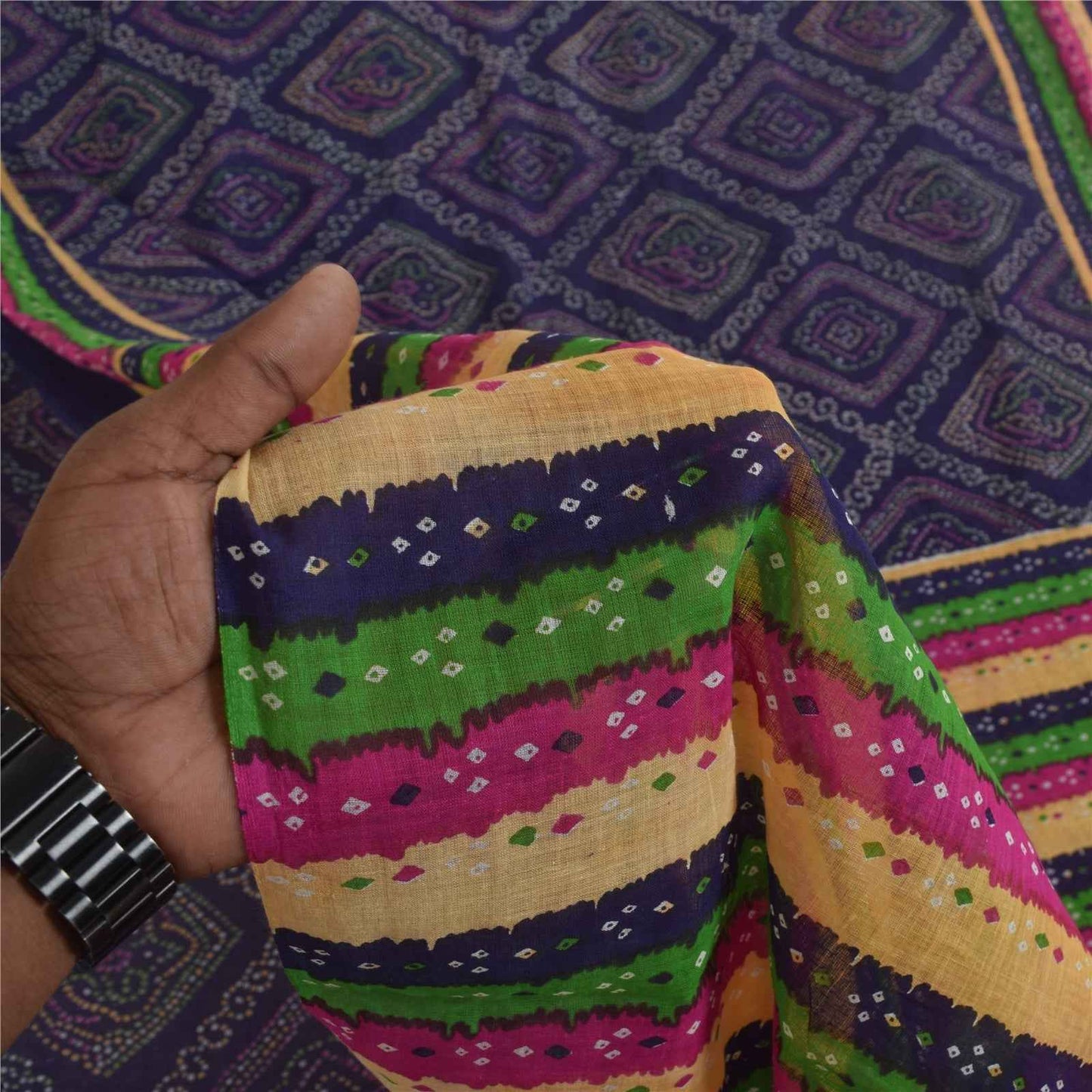 Sanskriti Vintage Sarees Purple Bandhani PrintPure Cotton Sari 5+yd Craft Fabric