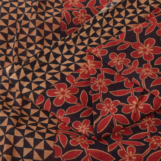 Sanskriti Vintage Sarees Black & Red Pure Cotton Printed Sari 5+yd Craft Fabric