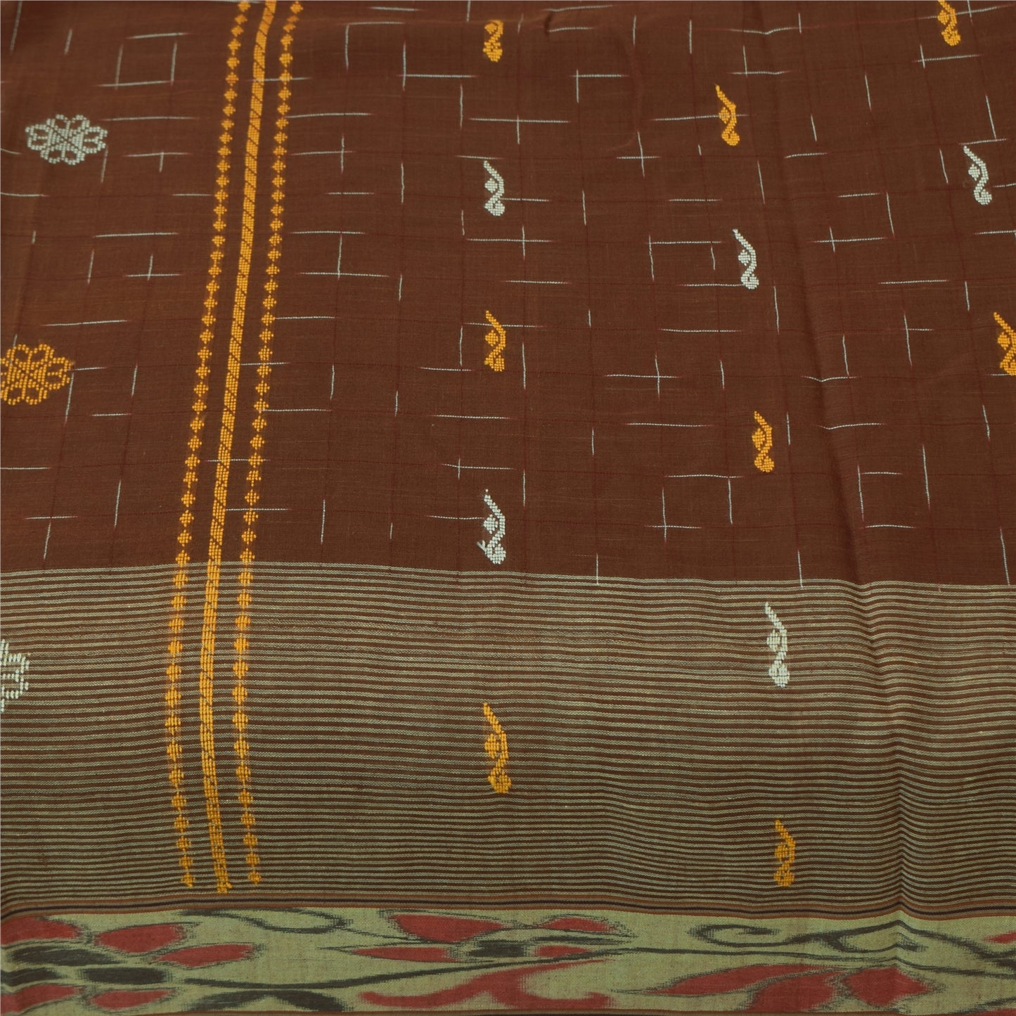 Sanskriti Vintage Sarees Brown Ikat Handwoven Pure Cotton Sari 5+yd Craft Fabric