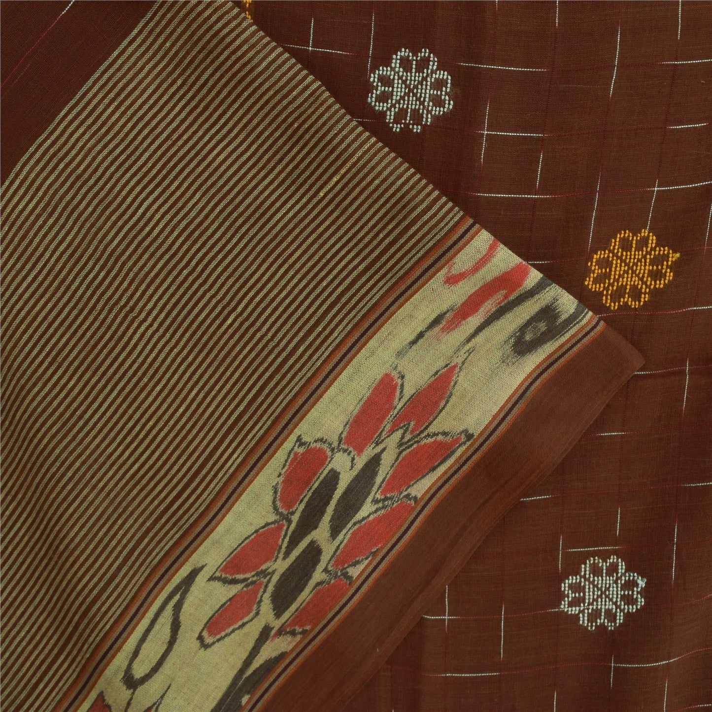 Sanskriti Vintage Sarees Brown Ikat Handwoven Pure Cotton Sari 5+yd Craft Fabric