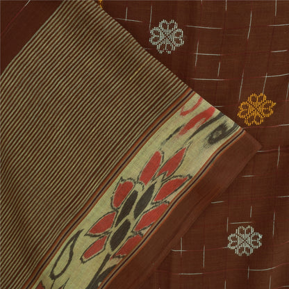 Sanskriti Vintage Sarees Brown Ikat Handwoven Pure Cotton Sari 5+yd Craft Fabric