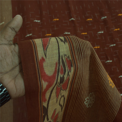 Sanskriti Vintage Sarees Brown Ikat Handwoven Pure Cotton Sari 5+yd Craft Fabric