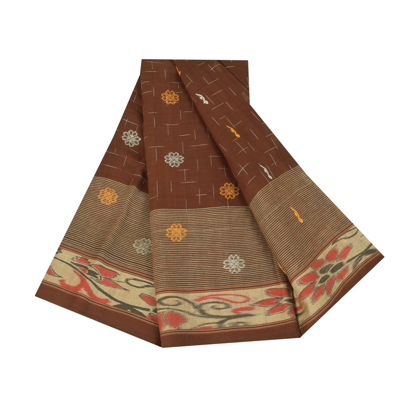 Sanskriti Vintage Sarees Brown Ikat Handwoven Pure Cotton Sari 5+yd Craft Fabric