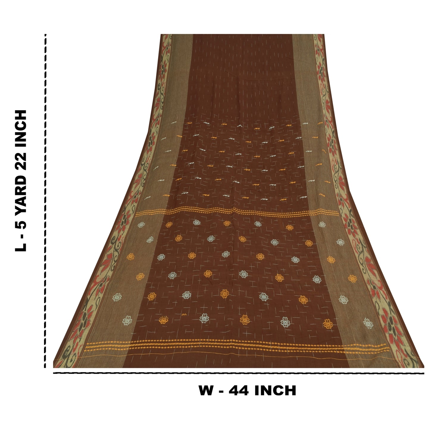 Sanskriti Vintage Sarees Brown Ikat Handwoven Pure Cotton Sari 5+yd Craft Fabric