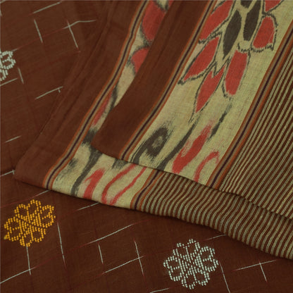 Sanskriti Vintage Sarees Brown Ikat Handwoven Pure Cotton Sari 5+yd Craft Fabric