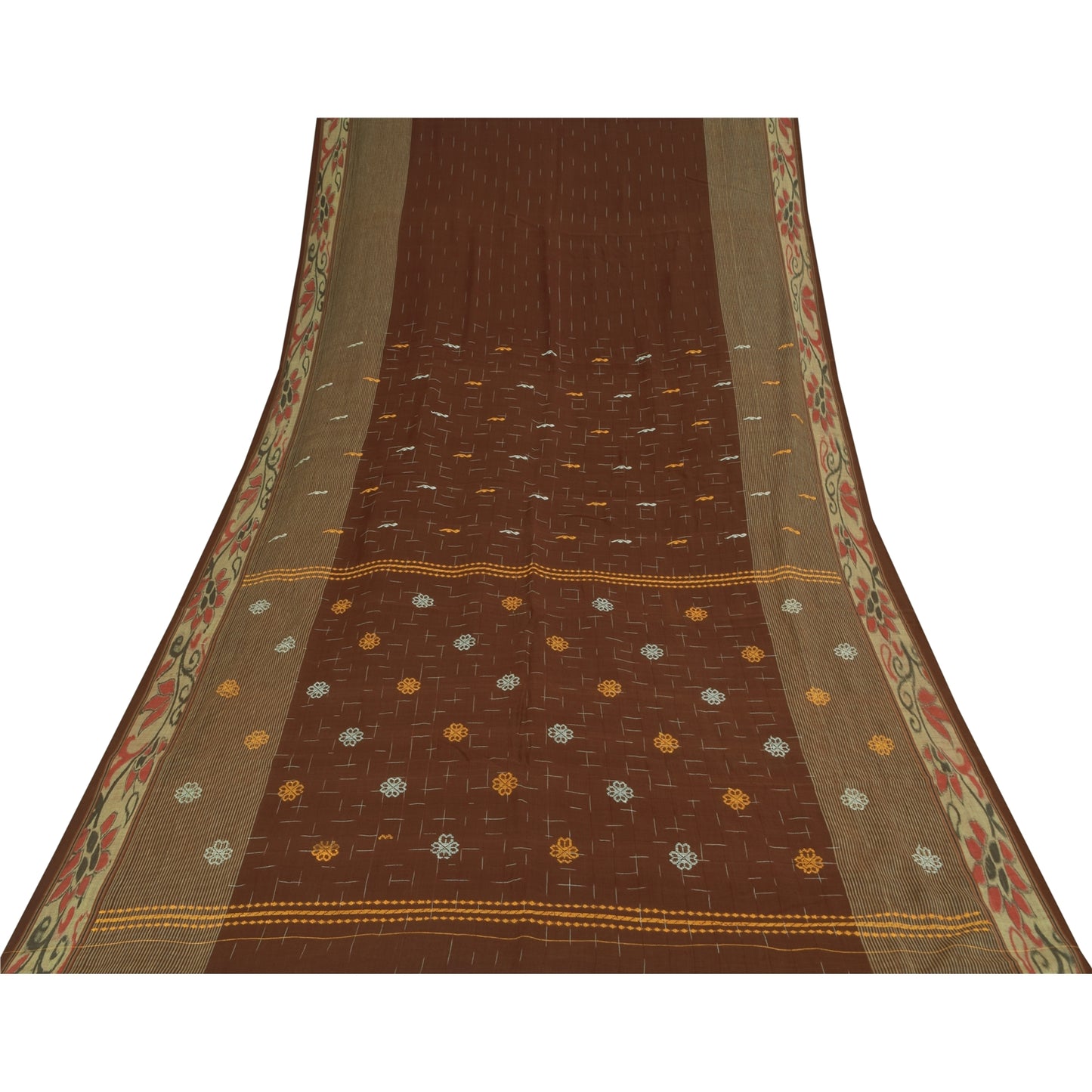 Sanskriti Vintage Sarees Brown Ikat Handwoven Pure Cotton Sari 5+yd Craft Fabric