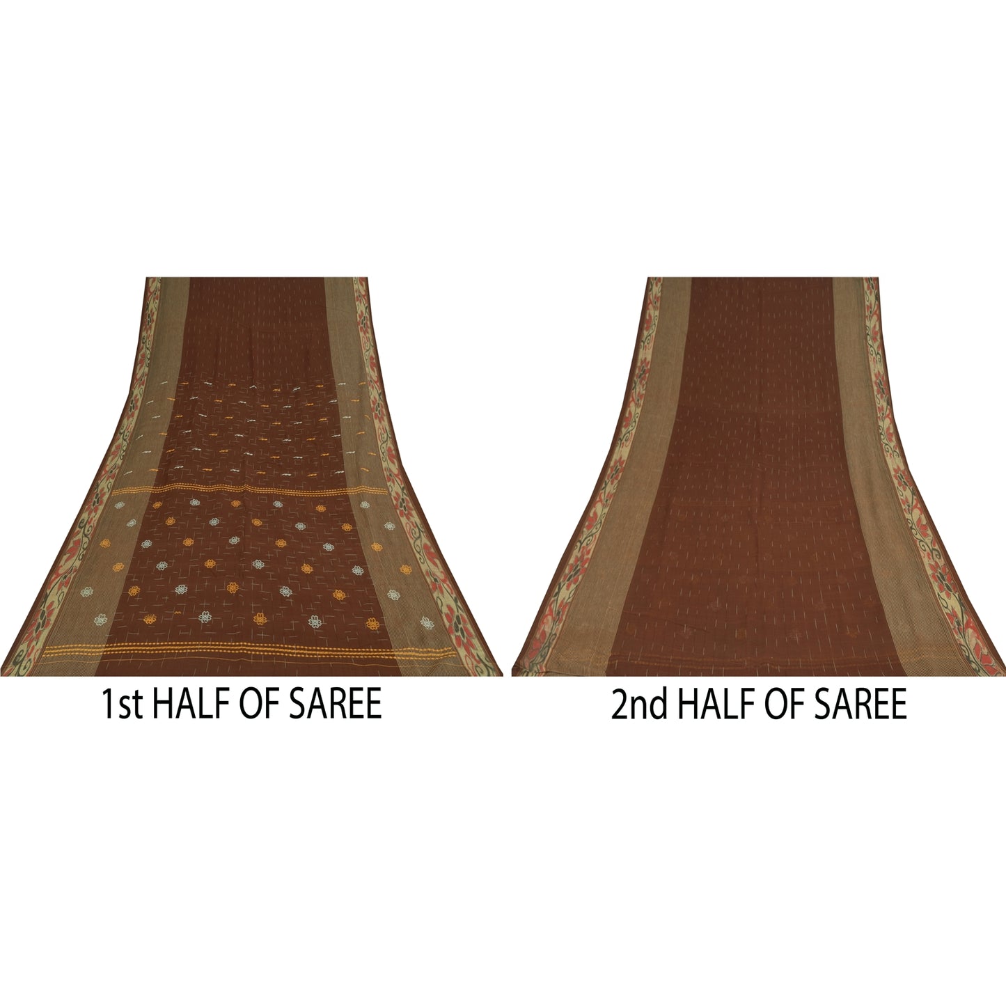 Sanskriti Vintage Sarees Brown Ikat Handwoven Pure Cotton Sari 5+yd Craft Fabric