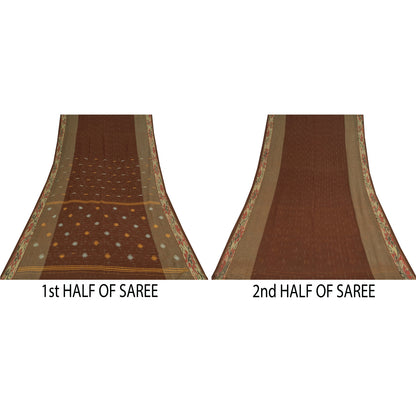 Sanskriti Vintage Sarees Brown Ikat Handwoven Pure Cotton Sari 5+yd Craft Fabric