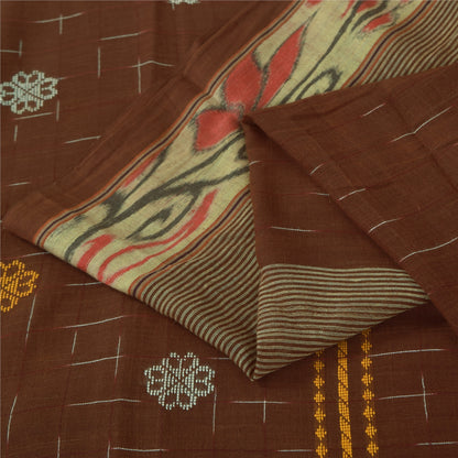 Sanskriti Vintage Sarees Brown Ikat Handwoven Pure Cotton Sari 5+yd Craft Fabric