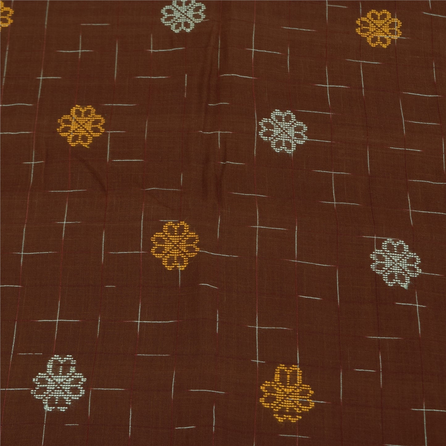 Sanskriti Vintage Sarees Brown Ikat Handwoven Pure Cotton Sari 5+yd Craft Fabric