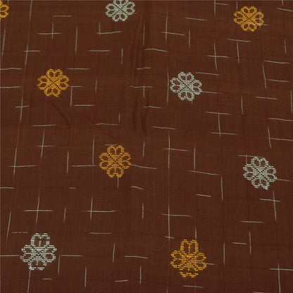 Sanskriti Vintage Sarees Brown Ikat Handwoven Pure Cotton Sari 5+yd Craft Fabric