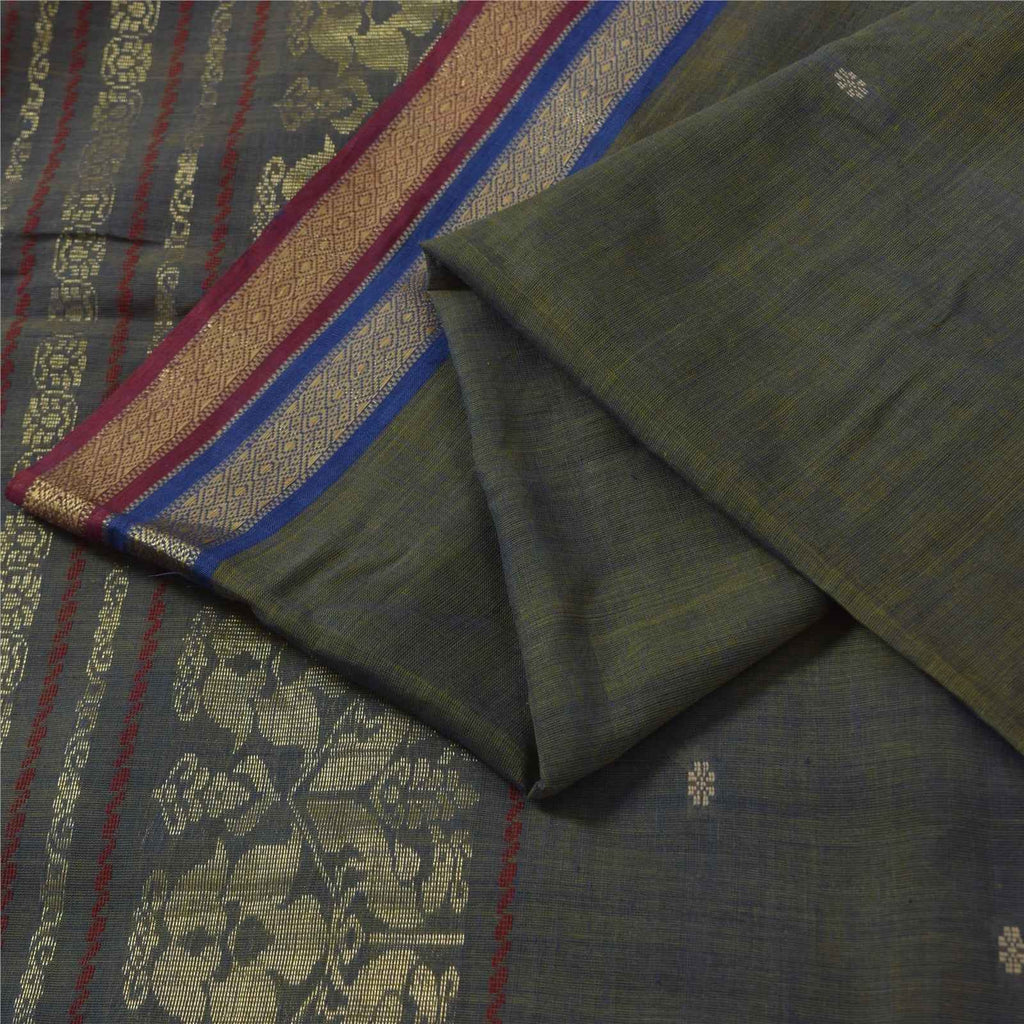 Sanskriti Vintage Sarees Shades of Green-Blue Peacock Woven Pure Cotton Fabric