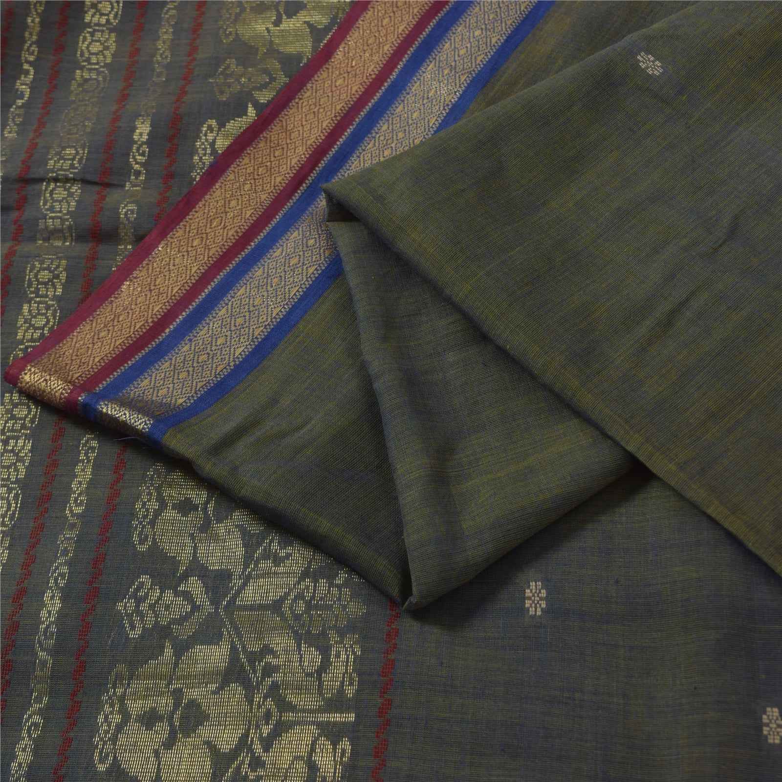 Sanskriti Vintage Sarees Shades of Green-Blue Peacock Woven Pure Cotton Fabric