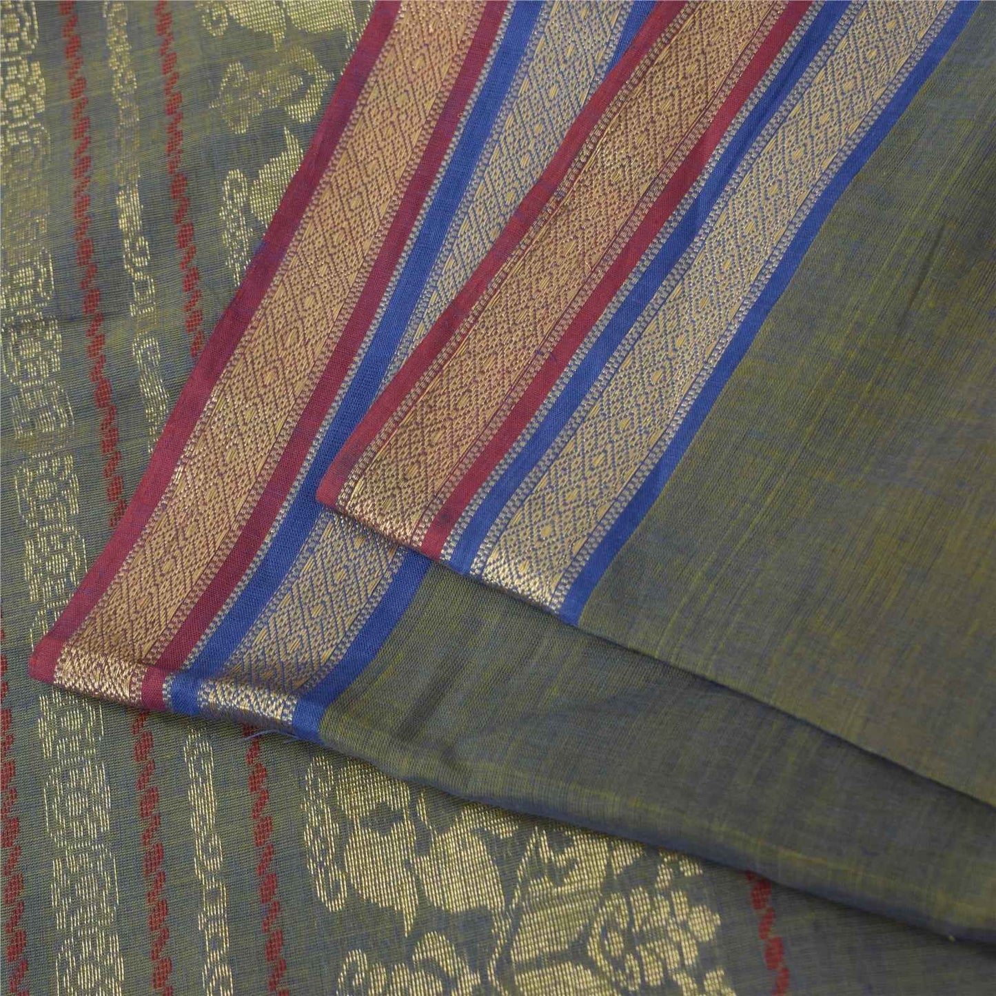 Sanskriti Vintage Sarees Shades of Green-Blue Peacock Woven Pure Cotton Fabric