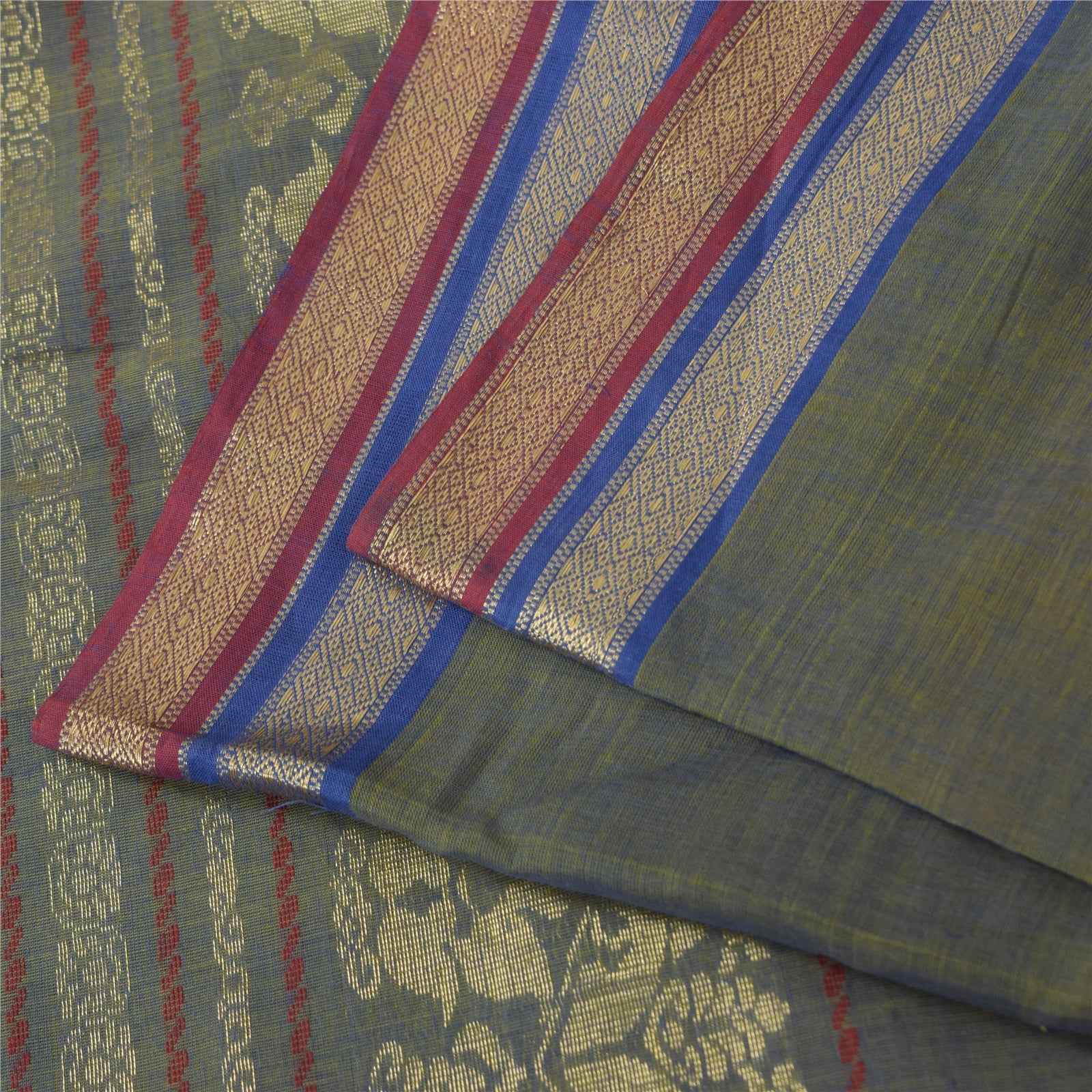 Sanskriti Vintage Sarees Shades of Green-Blue Peacock Woven Pure Cotton Fabric