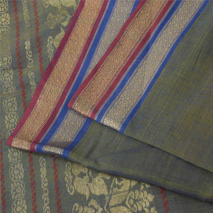 Sanskriti Vintage Sarees Shades of Green-Blue Peacock Woven Pure Cotton Fabric