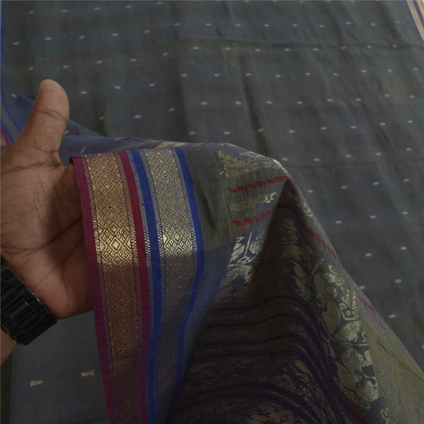 Sanskriti Vintage Sarees Shades of Green-Blue Peacock Woven Pure Cotton Fabric