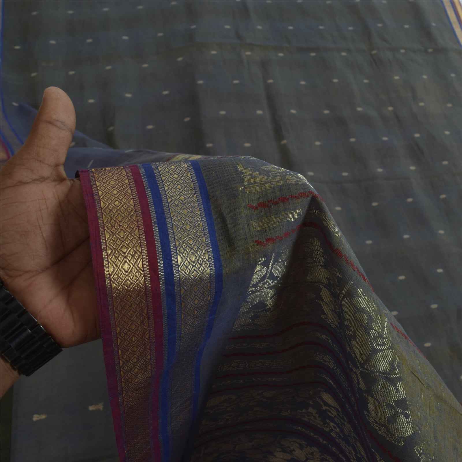 Sanskriti Vintage Sarees Shades of Green-Blue Peacock Woven Pure Cotton Fabric
