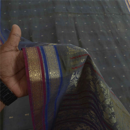 Sanskriti Vintage Sarees Shades of Green-Blue Peacock Woven Pure Cotton Fabric