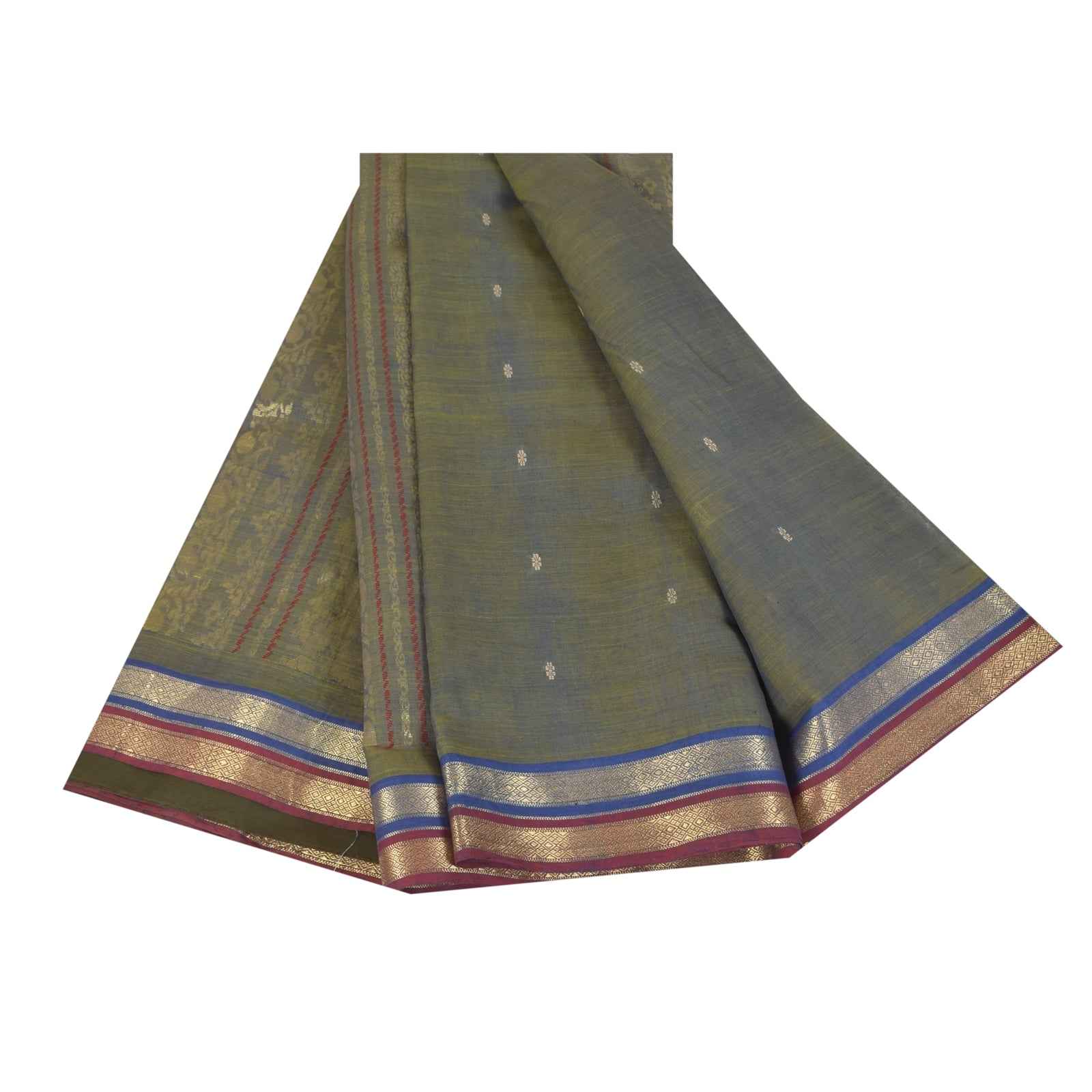 Sanskriti Vintage Sarees Shades of Green-Blue Peacock Woven Pure Cotton Fabric