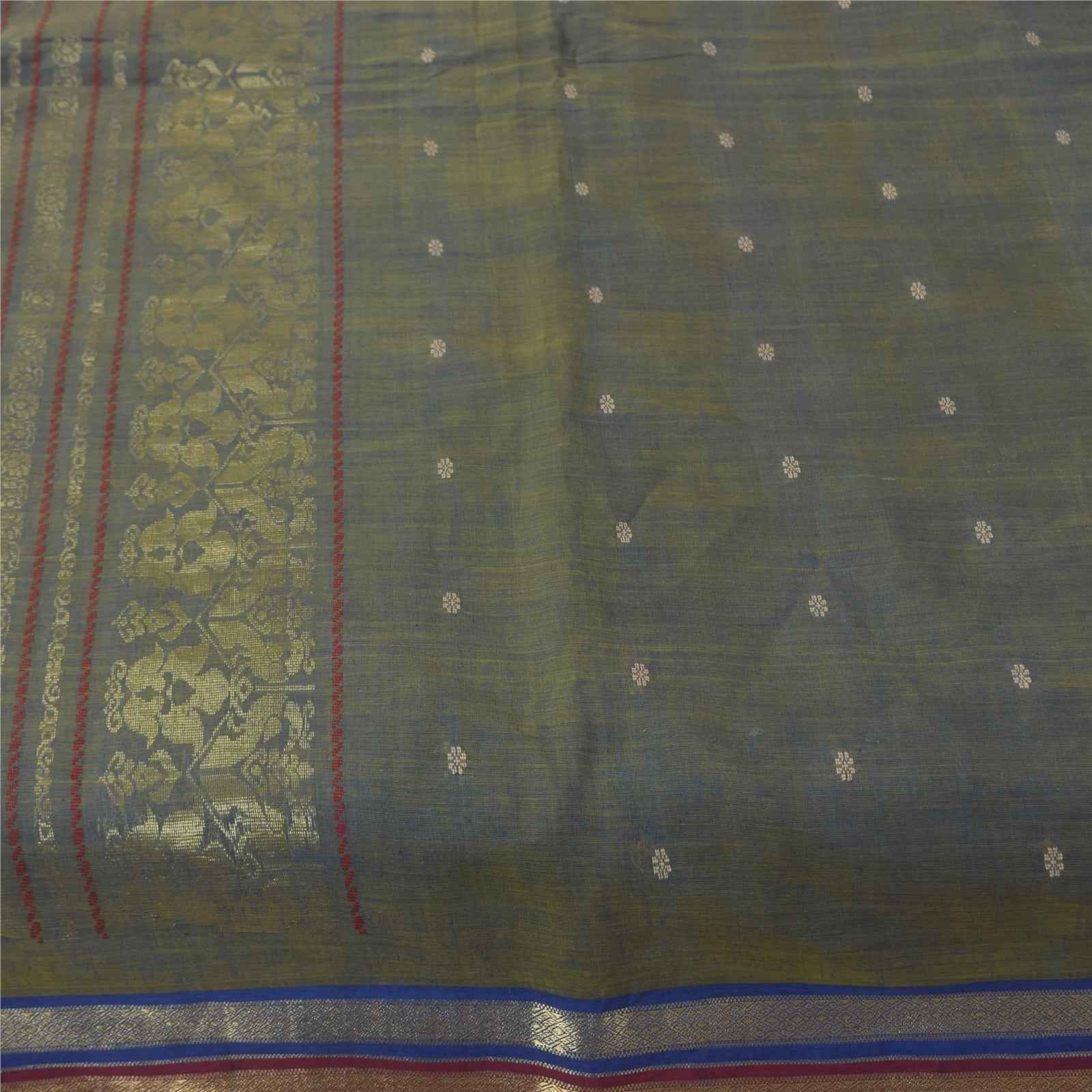 Sanskriti Vintage Sarees Shades of Green-Blue Peacock Woven Pure Cotton Fabric