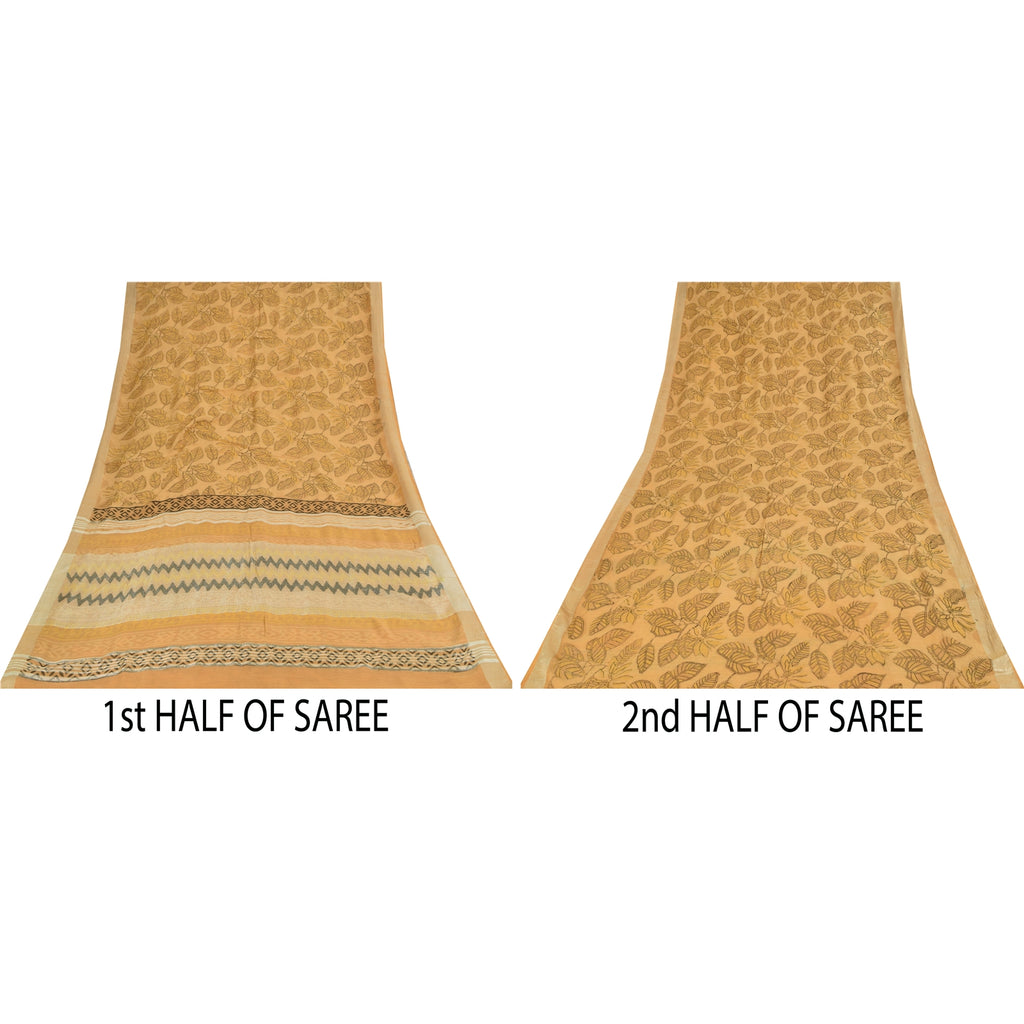 Sanskriti Vintage Sarees Peach Hand Block Printed Pure Cotton Sari 5+yd Fabric