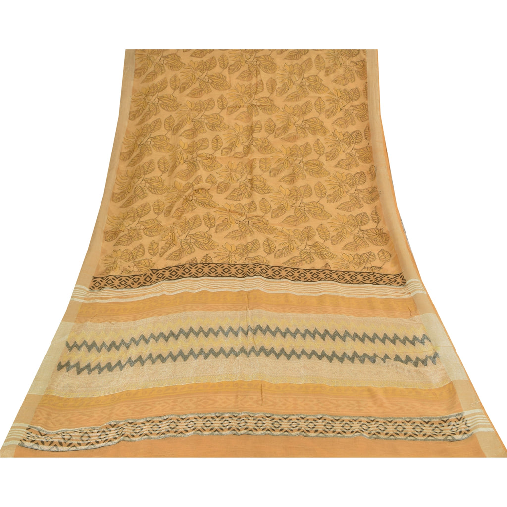 Sanskriti Vintage Sarees Peach Hand Block Printed Pure Cotton Sari 5+yd Fabric