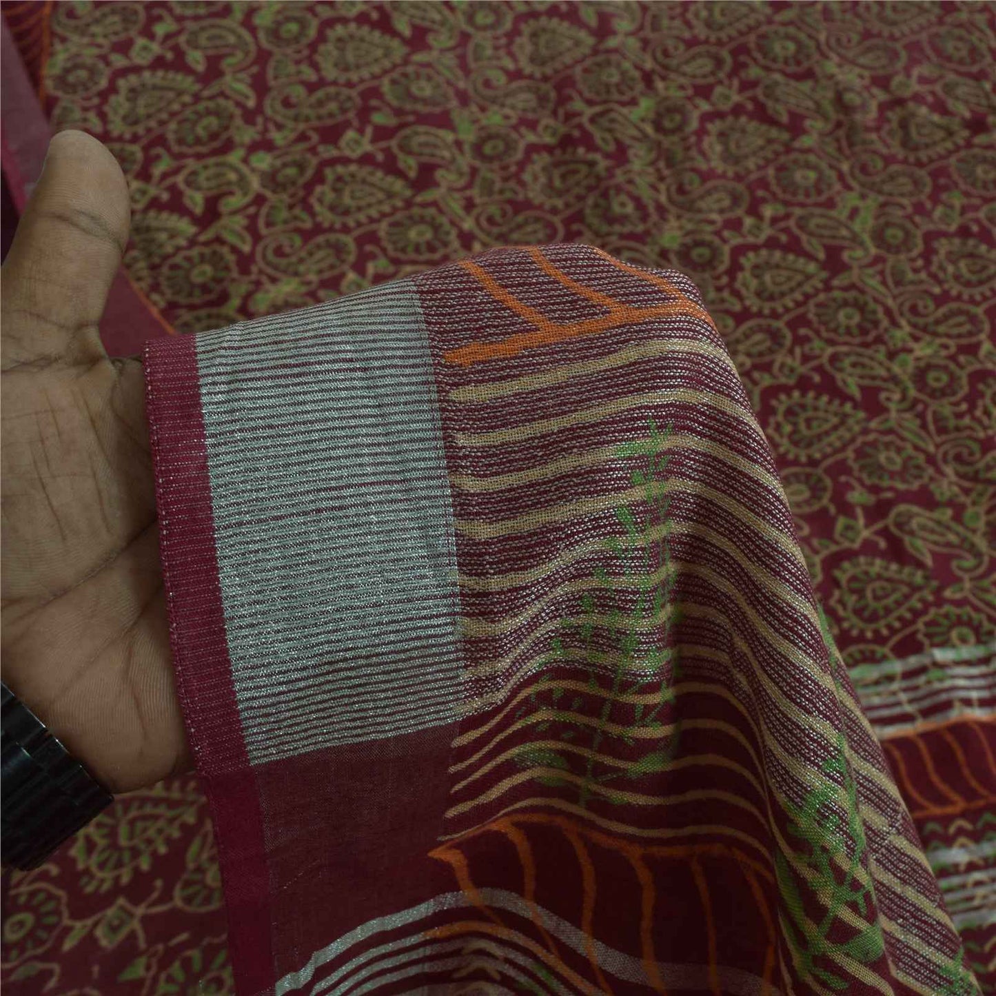 Sanskriti Vintage Sarees Purple Hand Block Printed Pure Cotton Sari 6+yd Fabric