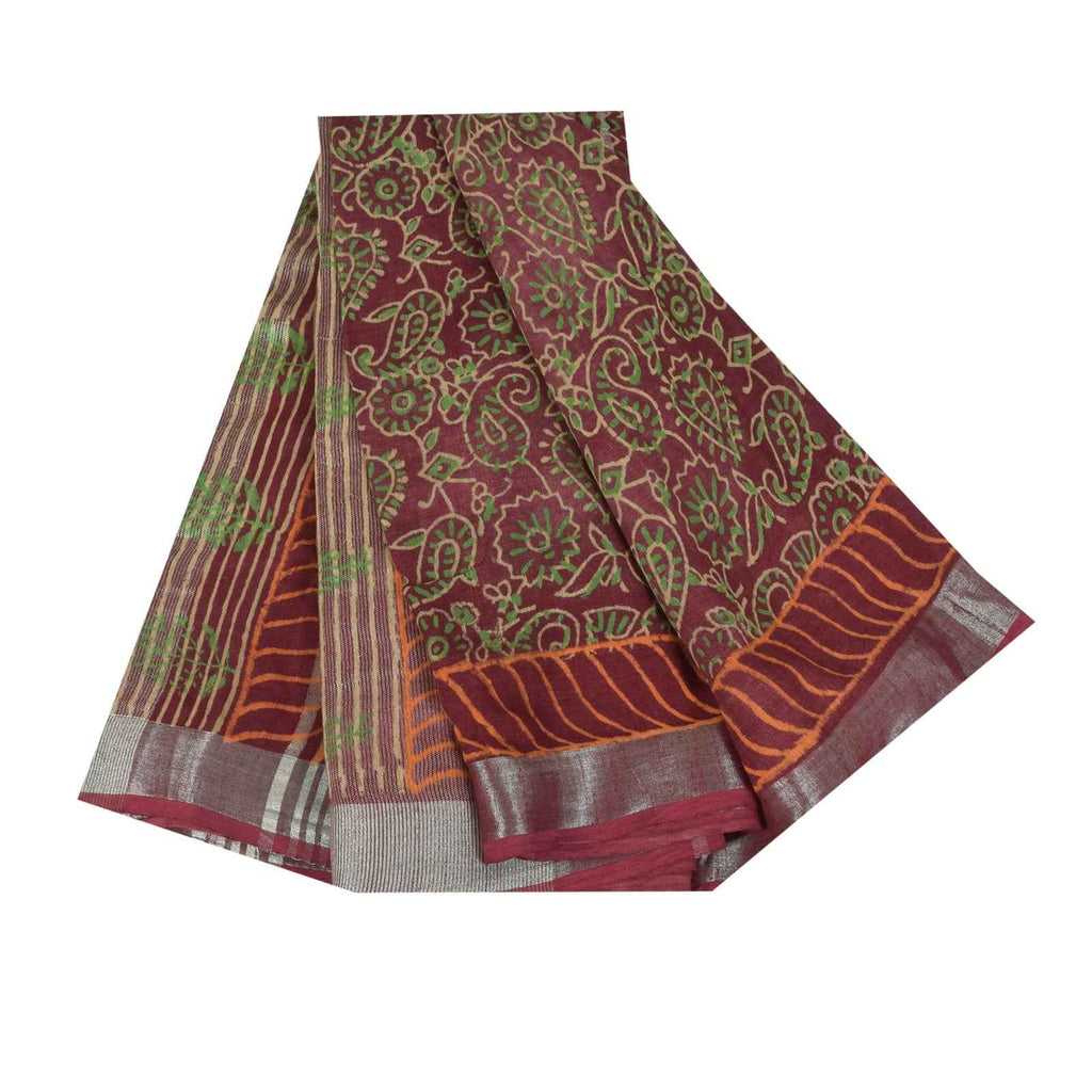 Sanskriti Vintage Sarees Purple Hand Block Printed Pure Cotton Sari 6+yd Fabric