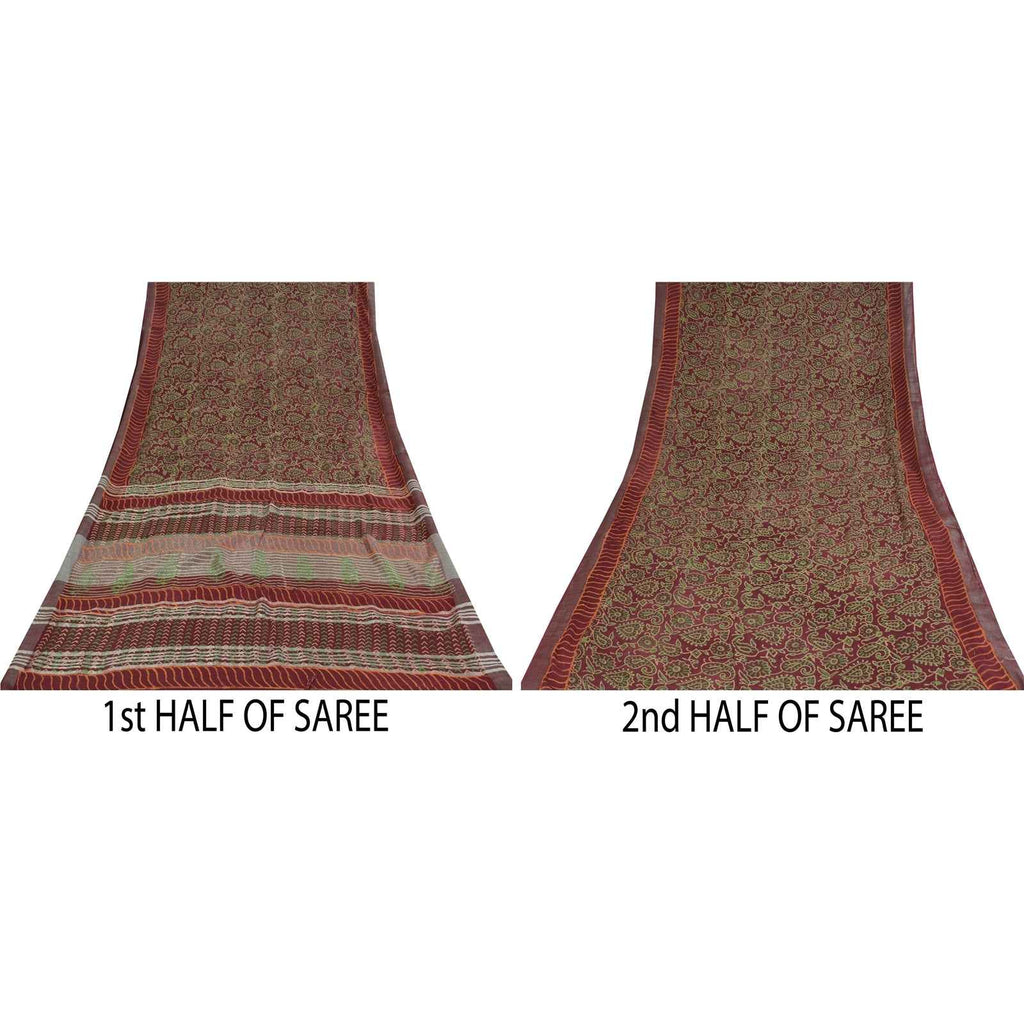 Sanskriti Vintage Sarees Purple Hand Block Printed Pure Cotton Sari 6+yd Fabric